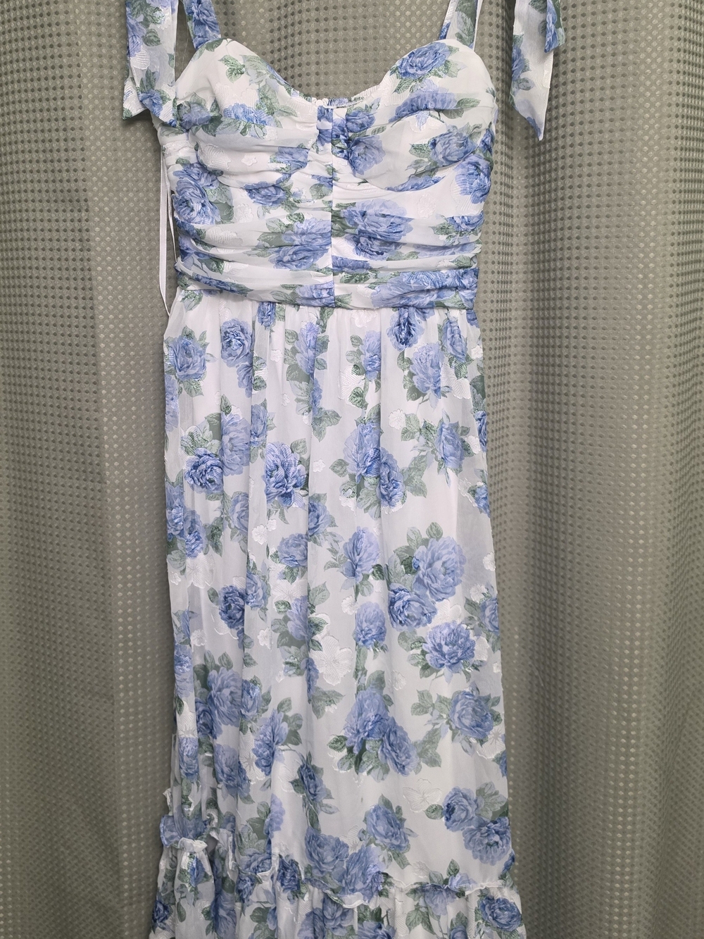 BCX White Dress with Blue Floral Print and Tie Straps